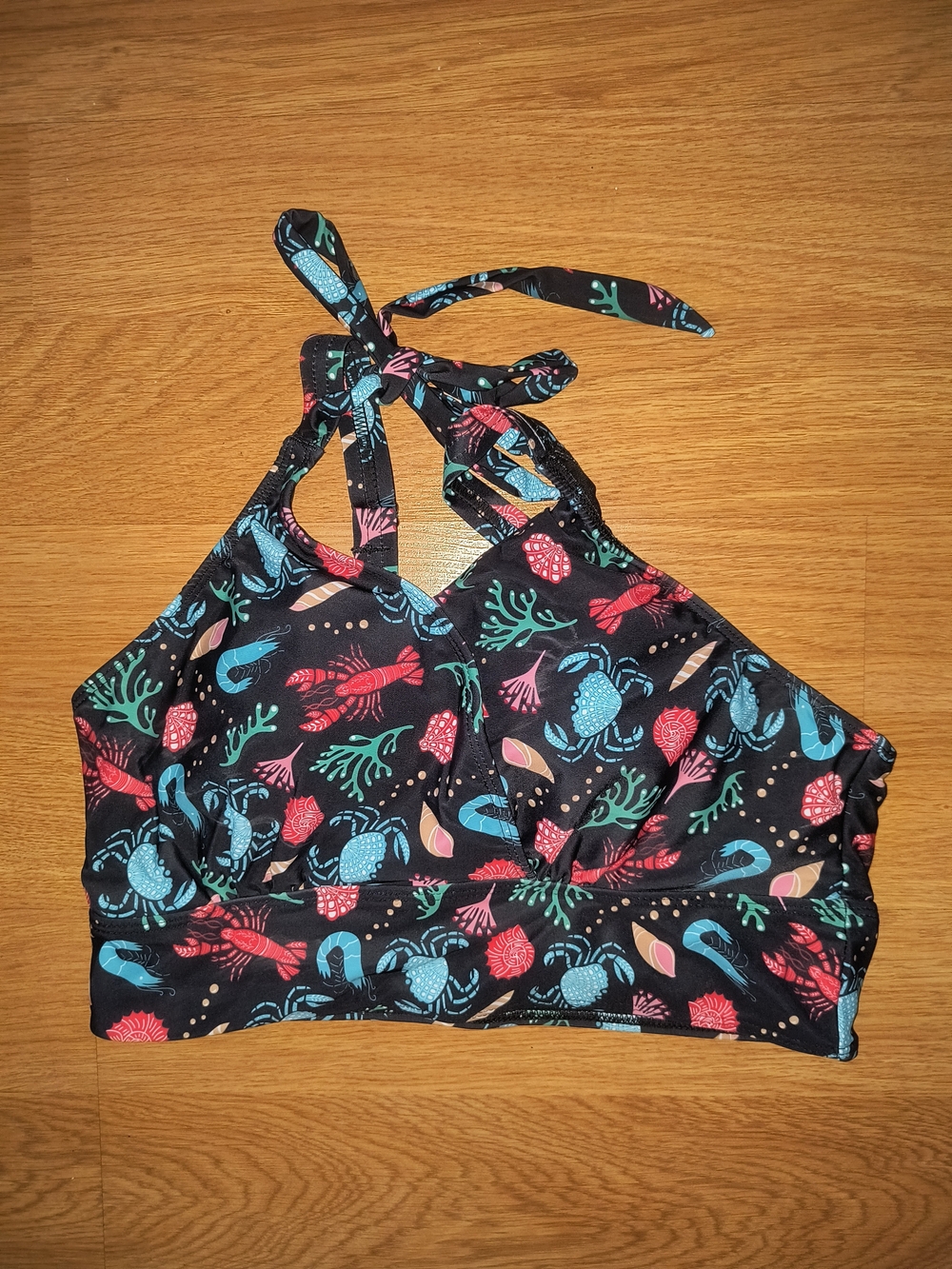 BloomChic Black Halter Neck Tie Bikini Swim Top Blue Red Sea Ocean Life Print 12